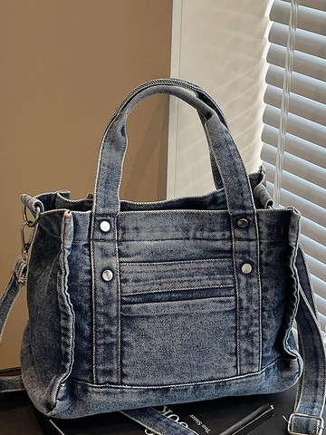 Dames Retro Gewassen Denim Schoudertas Casual Grote Capaciteit Crossbody Tas Met Klinknagels Decoratie Streetwear Handtas