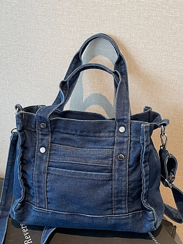 Dames Retro Gewassen Denim Schoudertas Casual Grote Capaciteit Crossbody Tas Met Klinknagels Decoratie Streetwear Handtas