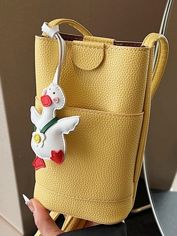 Borsa per Cellulare Mini a Tracolla in Pelle PU Trama Litchi Stile Coreano Per Donna Con Simpatico Ciondolo ad Anatra