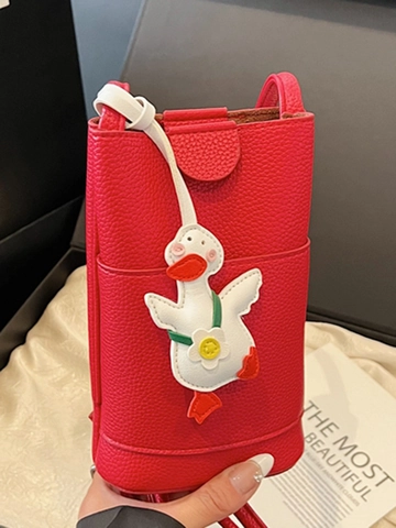 Borsa per Cellulare Mini a Tracolla in Pelle PU Trama Litchi Stile Coreano Per Donna Con Simpatico Ciondolo ad Anatra