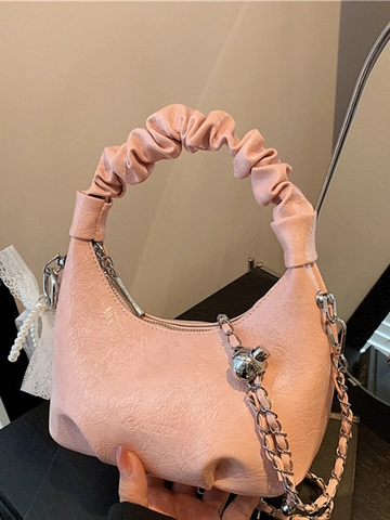 Women Urban Chic Pleated PU Leather Shoulder Bag Shiny Crescent Hobo Underarm Bag With Chain Strap Pearl Lace Pendant Handbag