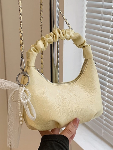 Women Urban Chic Pleated PU Leather Shoulder Bag Shiny Crescent Hobo Underarm Bag With Chain Strap Pearl Lace Pendant Handbag