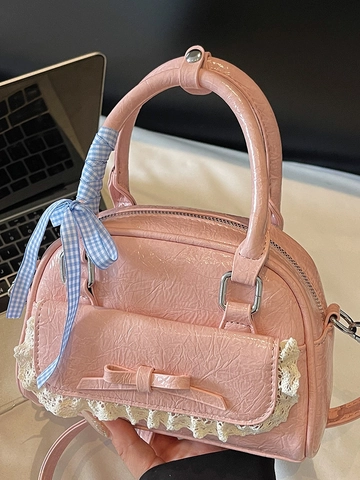 Bowknot Lace Shoulder Bag For Women Vintage Crinkled PU Leather Bowling Handbag Small Square Crossbody Bag Sweet Style Daily Bag