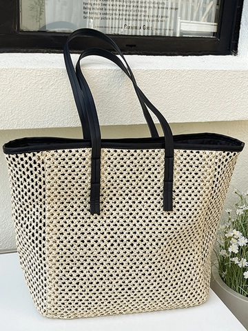 Große Stroh Gewebte Tragetasche Mit PU Lederband Sommer Strand Urlaub Umhängetasche Für Damen Lässig Täglich Reise Handtasche
