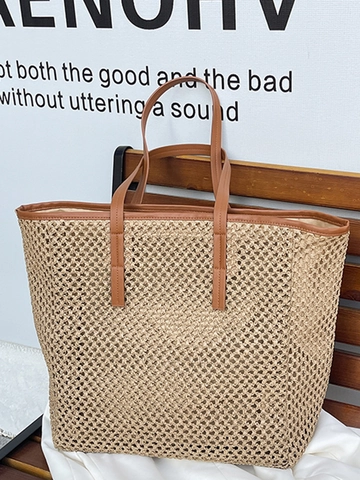 Große Stroh Gewebte Tragetasche Mit PU Lederband Sommer Strand Urlaub Umhängetasche Für Damen Lässig Täglich Reise Handtasche