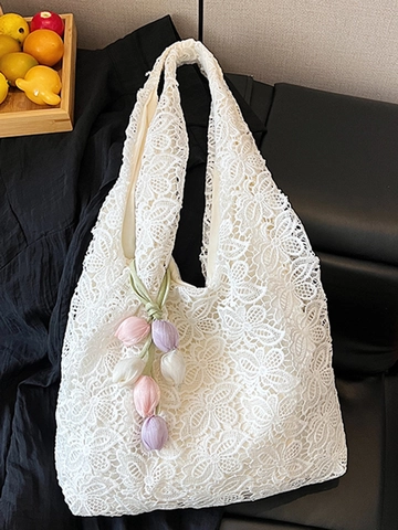 Damen Spitze Hohl Blumen Tragetasche Mit Tulpen-Anhänger Große Kapazität Süße Mori-Mädchen-Stil Leinwand Umhängetasche Handtasche