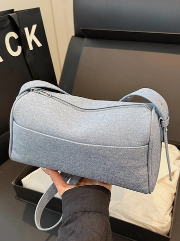 Mode Denim Kissen Tasche Für Damen Casual Einfache Zylindrische Umhängetasche Stilvolle Denim Gespleißte Umhängetasche Mit Reißverschluss