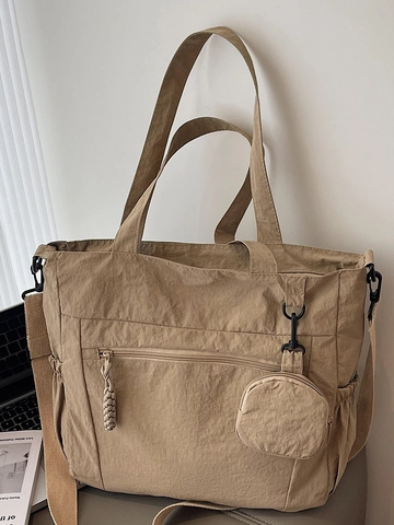 Women Large Capacity Nylon Tote Bag Japanese Style Solid Color Commuter Shoulder Bag With Round Purse Pendant Handbag