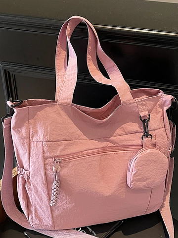Women Large Capacity Nylon Tote Bag Japanese Style Solid Color Commuter Shoulder Bag With Round Purse Pendant Handbag