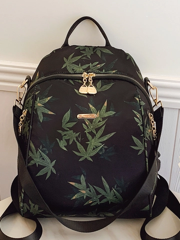 Fashion Leaf Print Backpack For Women Large Capacity Casual Fabric Shoulder Bag With Gold Hardware Street Trend Travel Rucksack
