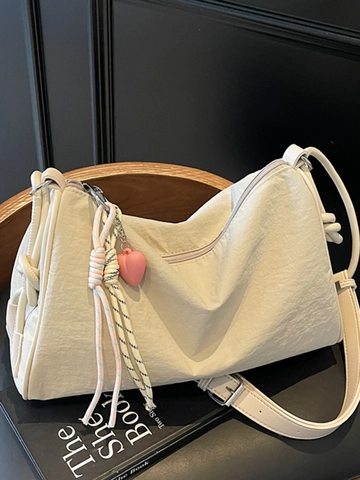 Women Large Capacity Nylon Shoulder Bag Casual Hobo Bag With Heart Pendant Minimalist Crossbody Tote Bag For Daily Commute