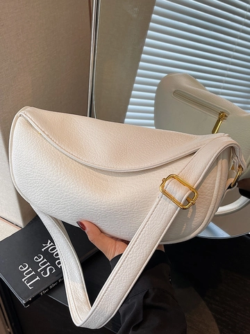Women Casual PU Leather Crescent Shoulder Bag Lychee Pattern Gold Hardware Adjustable Strap Solid Color Hobo Crossbody Bag