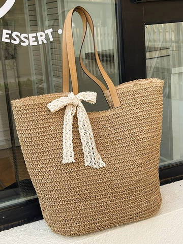Bolso Tote de Paja Tejido a Mano Bohemio para Mujer Bolso de Hombro de Playa Gran Capacidad Con Lazo de Encaje Asa de Cuero