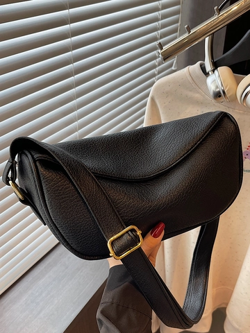 Women Casual PU Leather Crescent Shoulder Bag Lychee Pattern Gold Hardware Adjustable Strap Solid Color Hobo Crossbody Bag