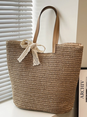 Bolso Tote de Paja Tejido a Mano Bohemio para Mujer Bolso de Hombro de Playa Gran Capacidad Con Lazo de Encaje Asa de Cuero