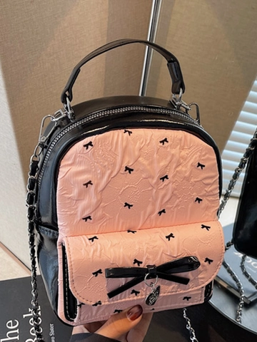 Mini Sac Multi-Usage Doux Rose Noir Nœud Femmes Sac à Épaule Sac à Dos en Tissu Seersucker Plissé Avec Chaîne Pendentif Cœur