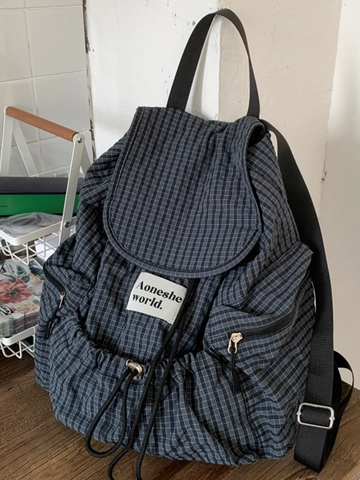 Women Casual Nylon Plaid Backpack Large Capacity Korean Style Ins Lightweight Drawstring Tote Bag For School Everyday
