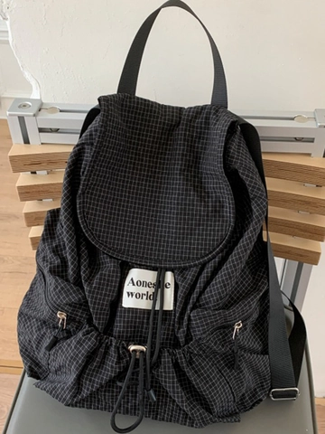 Women Casual Nylon Plaid Backpack Large Capacity Korean Style Ins Lightweight Drawstring Tote Bag For School Everyday