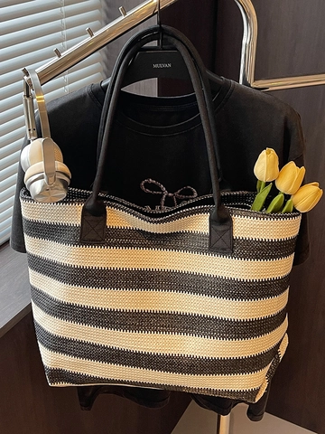 Gestreifte Stroh Gewebte Tragetasche Für Damen Große Kapazität Sommer Strand Schultertasche Lässige Urlaub Handtasche 2025