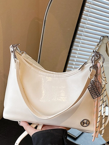 Trendige Metallische Glänzende PU Leder Hobo Schultertasche Für Damen Große Kapazität Shopper Mit Dekorativen Geflochtenen Seilanhängern