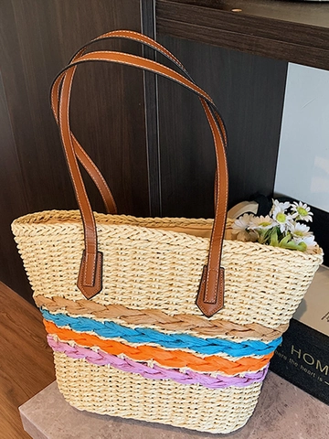 Bolso Tote de Paja Tejida para Mujer Gran Capacidad Casual Vacaciones Color de Contraste Bolso de Hombro con Asas de Cuero