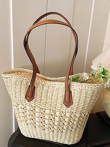 Bolso Tote de Paja Tejida para Mujer Gran Capacidad Casual Vacaciones Color de Contraste Bolso de Hombro con Asas de Cuero