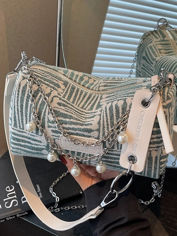 Bolso de Hombro Estilo Coreano con Diseño Cilíndrico y Rayas Gran Capacidad en Tejido Jacquard con Cadena de Perlas