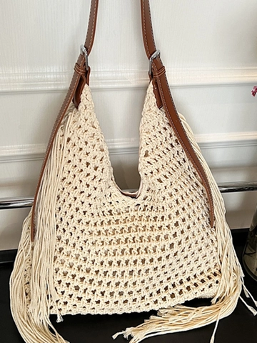 Borsa a Tracolla Boemia Intrecciata a Mano con Nappe per Donna Borsa Tote Grande Capacità all'Uncinetto per Spiaggia