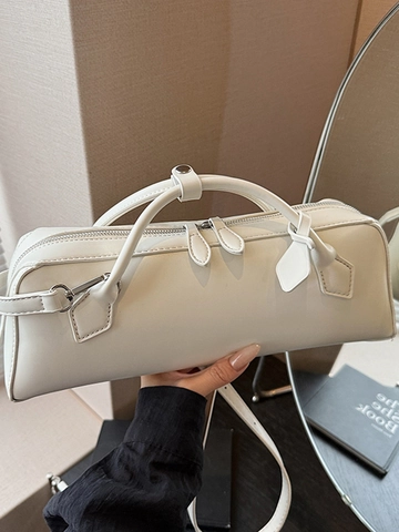 Women PU Leather Baguette Bag Retro Double Zipper Shoulder Bag Fashion Solid Color Handbag Crossbody Commute Bag