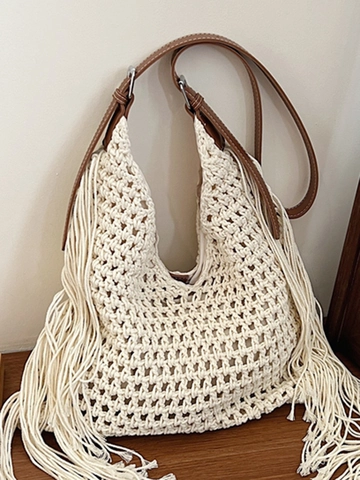 Borsa a Tracolla Boemia Intrecciata a Mano con Nappe per Donna Borsa Tote Grande Capacità all'Uncinetto per Spiaggia