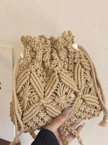 Sac Seau en Paille Tissé à la Main pour Femmes Mode d'Été Macramé Sac Bandoulière Décontracté Plage Style Bohème