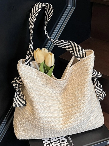 Große Kapazität Gewebte Stroh Umhängetasche Für Damen 2025 Sommer Neu Strandurlaub Schicke Handtasche Tote Bag Gestreifter Gurt