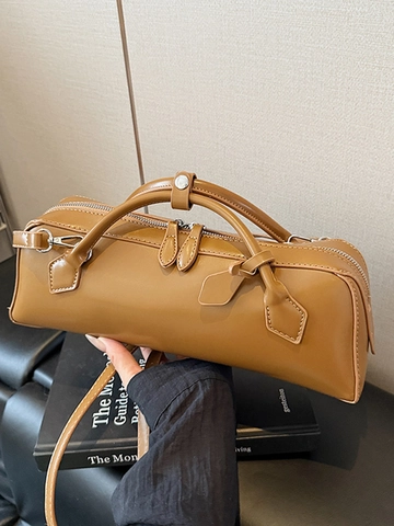 Women PU Leather Baguette Bag Retro Double Zipper Shoulder Bag Fashion Solid Color Handbag Crossbody Commute Bag