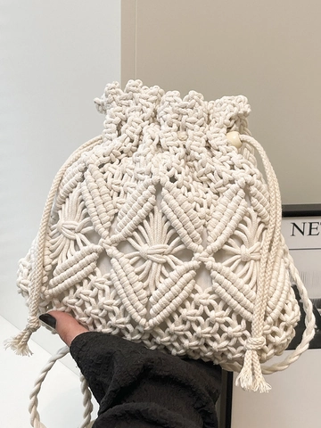 Sac Seau en Paille Tissé à la Main pour Femmes Mode d'Été Macramé Sac Bandoulière Décontracté Plage Style Bohème