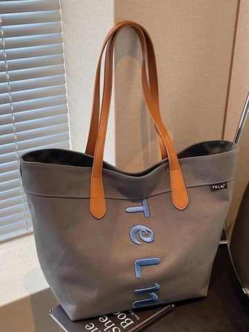 Große Kapazität Canvas Tote Bag Für Damen 2025 Sommer Neue Bestickte Buchstaben Umhängetasche Casual Commute Handtasche Für Den Alltag