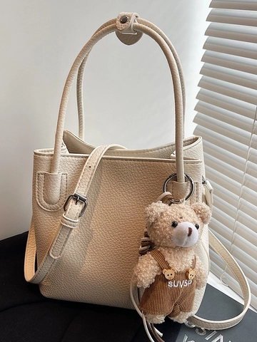 Korean Style Niche PU Leather Litchi Texture Bucket Bag For Women Minimalist Casual Tote Shoulder Crossbody Bag With Bear Pendant