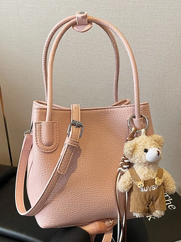 Korean Style Niche PU Leather Litchi Texture Bucket Bag For Women Minimalist Casual Tote Shoulder Crossbody Bag With Bear Pendant
