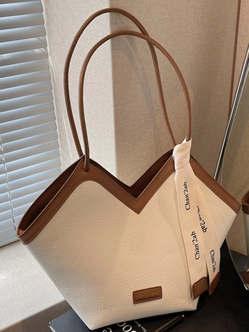 Borsa Tote in Pelle PU di Grande Capacità Vintage per Donna Borsa a Tracolla Retrò Cucita Con Decorazione a Nastro di Seta