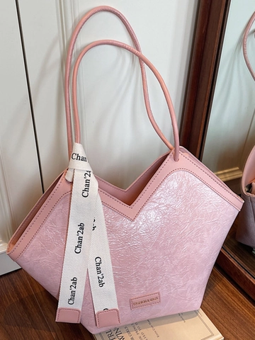 Borsa Tote in Pelle PU di Grande Capacità Vintage per Donna Borsa a Tracolla Retrò Cucita Con Decorazione a Nastro di Seta