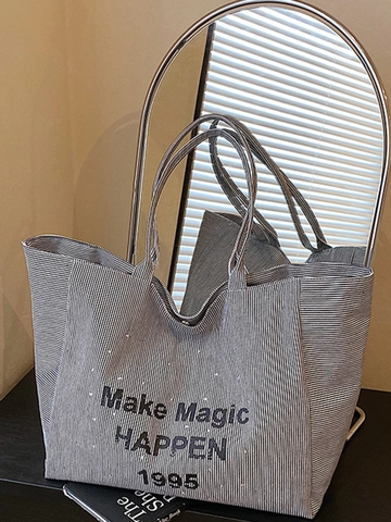 Damen Casual Leinwand Tote Bag Große Kapazität Buchstaben-Druck Streifen Umhängetasche Student Schultasche Mode Shopper