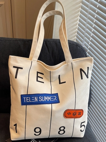 Large Capacity Canvas Tote Bag For Women Retro Letter Printed Shoulder Bag Minimalist Casual Commuter Handbag Fashion Carryall