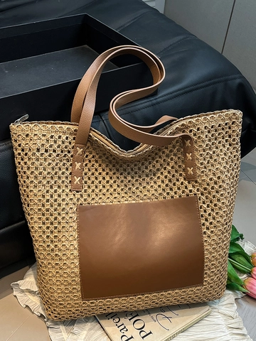 Bolso Tote de Paja Tejida de Gran Capacidad para Mujer Bolso de Hombro Casual Tejido Calado Con Parche de Cuero Artificial