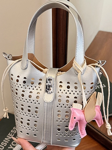 Fashion Women Laser Cut Hollow Out Bucket Bag PU Leather Urban Minimalist Shoulder Underarm Purse With Horse Charm Accessory