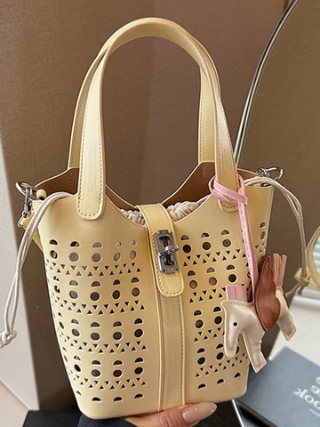 Fashion Women Laser Cut Hollow Out Bucket Bag PU Leather Urban Minimalist Shoulder Underarm Purse With Horse Charm Accessory
