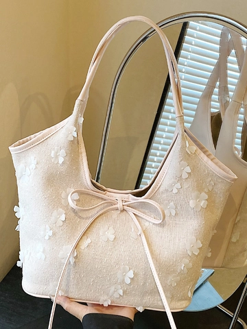 Dames Retro 3D Bloemen Stof Tote Bag Grote Capaciteit Geplisseerde Schoudertas Met Strik Elegant Casual Handtas Dagelijks Gebruik