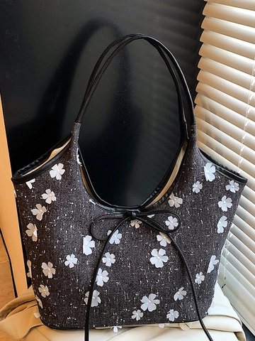 Dames Retro 3D Bloemen Stof Tote Bag Grote Capaciteit Geplisseerde Schoudertas Met Strik Elegant Casual Handtas Dagelijks Gebruik