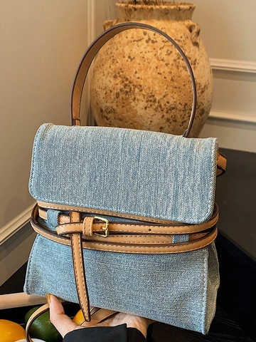 Koreanischer Stil Damen Denim Kleine Quadratische Umhängetasche Modische Denim PU Leder Splicing Handtasche Mit Verstellbarem Riemen