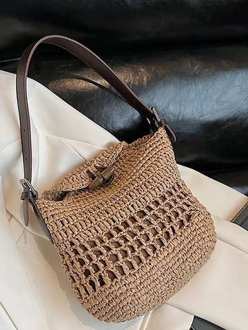 Borsa a Tracolla in Paglia Intrecciata a Mano Vintage da Donna Borsa a Tracolla Estiva da Spiaggia con Alamaro in Legno