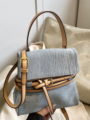 Koreanischer Stil Damen Denim Kleine Quadratische Umhängetasche Modische Denim PU Leder Splicing Handtasche Mit Verstellbarem Riemen