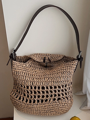 Borsa a Tracolla in Paglia Intrecciata a Mano Vintage da Donna Borsa a Tracolla Estiva da Spiaggia con Alamaro in Legno